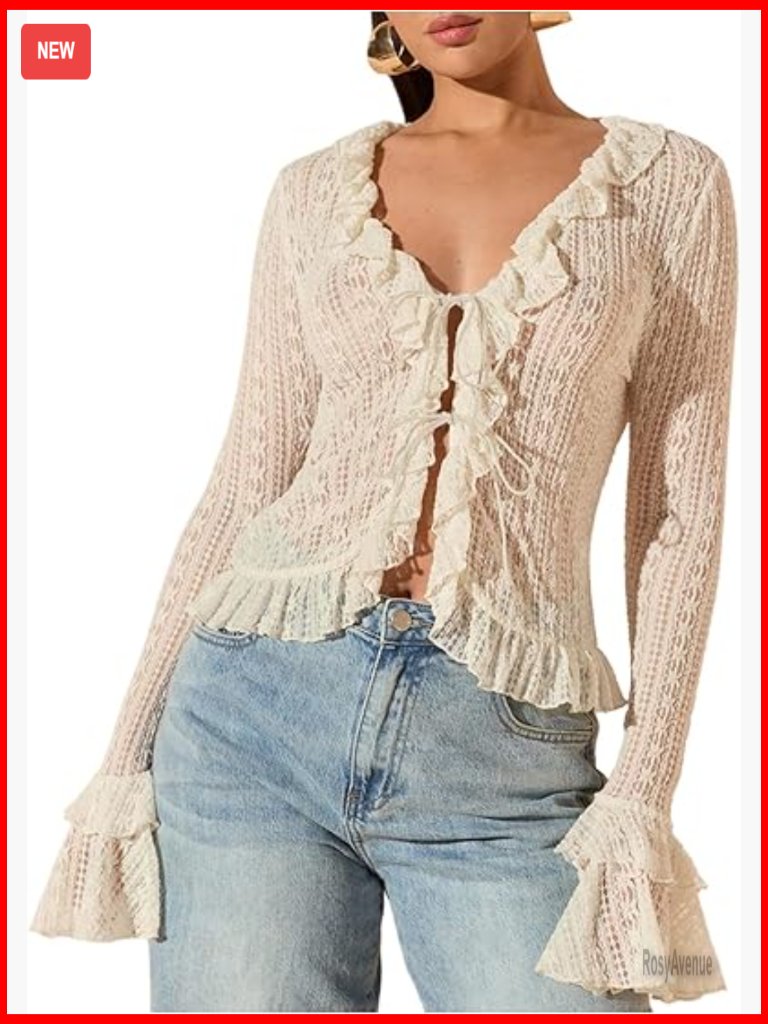 Lace Tie Front Ruffle Top Deep V Neck Sheer Going Out Blouse
